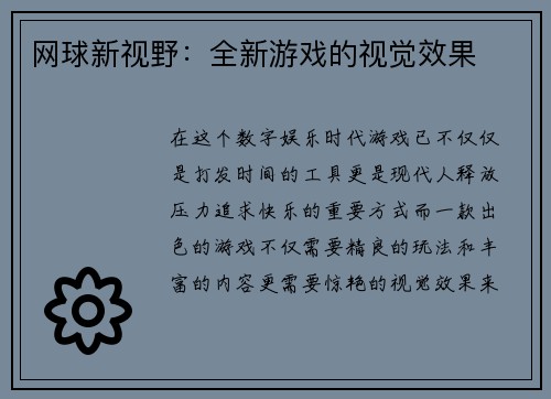 网球新视野：全新游戏的视觉效果